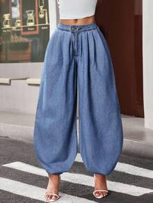 Jeanoix Quần jean denim ống rộng phong cách Y2K dành cho nữ. - Rửa trung bình - Xem 4
