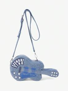 Viva Strut Ladies, Women Guitar Shape Shoulder Bag, Crossbody Bag, Fashionable, Funny, Personalized, Simple, Versatile, Street, Punk, Sweet And Cool Girls, Hot Girls, Y2k, Retro, Rivets, Music Festival - Blue - View 5