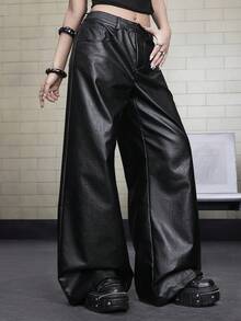 Betty Boop | ROMWE Collab Y2K Punk Babe PU Leather Low Waist Loose Wide Leg Pants - Black - View 5