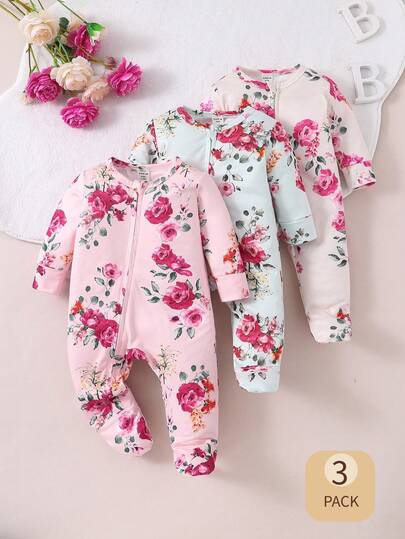 SHEIN 3pcs Baby Girls' Floral Print Footed Romper With Y-Shaped Zipper Baby Girl Clothes>Floralbaby Floralbaby Girl Clothes>Zippernewborn Pajamas Girlnewborn Set Girl