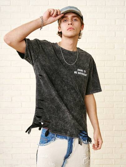 Zalmeno 男士字母印花破洞休闲短袖T恤，夏季，2000年代风格