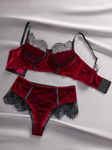 EmpressEnvy Sexy Contrast Color Lace Patchwork Underwire Bra And Panty Set - Burgundy - View 5
