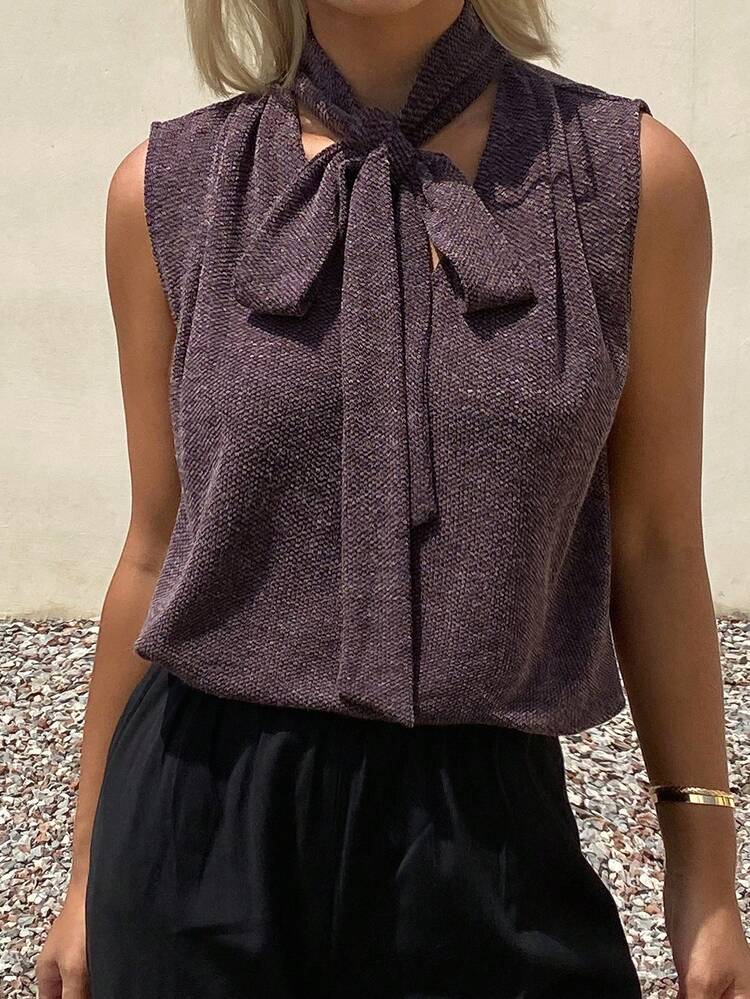 Women's Summer Sleeveless Splice Tie Neck Casual T-Shirt