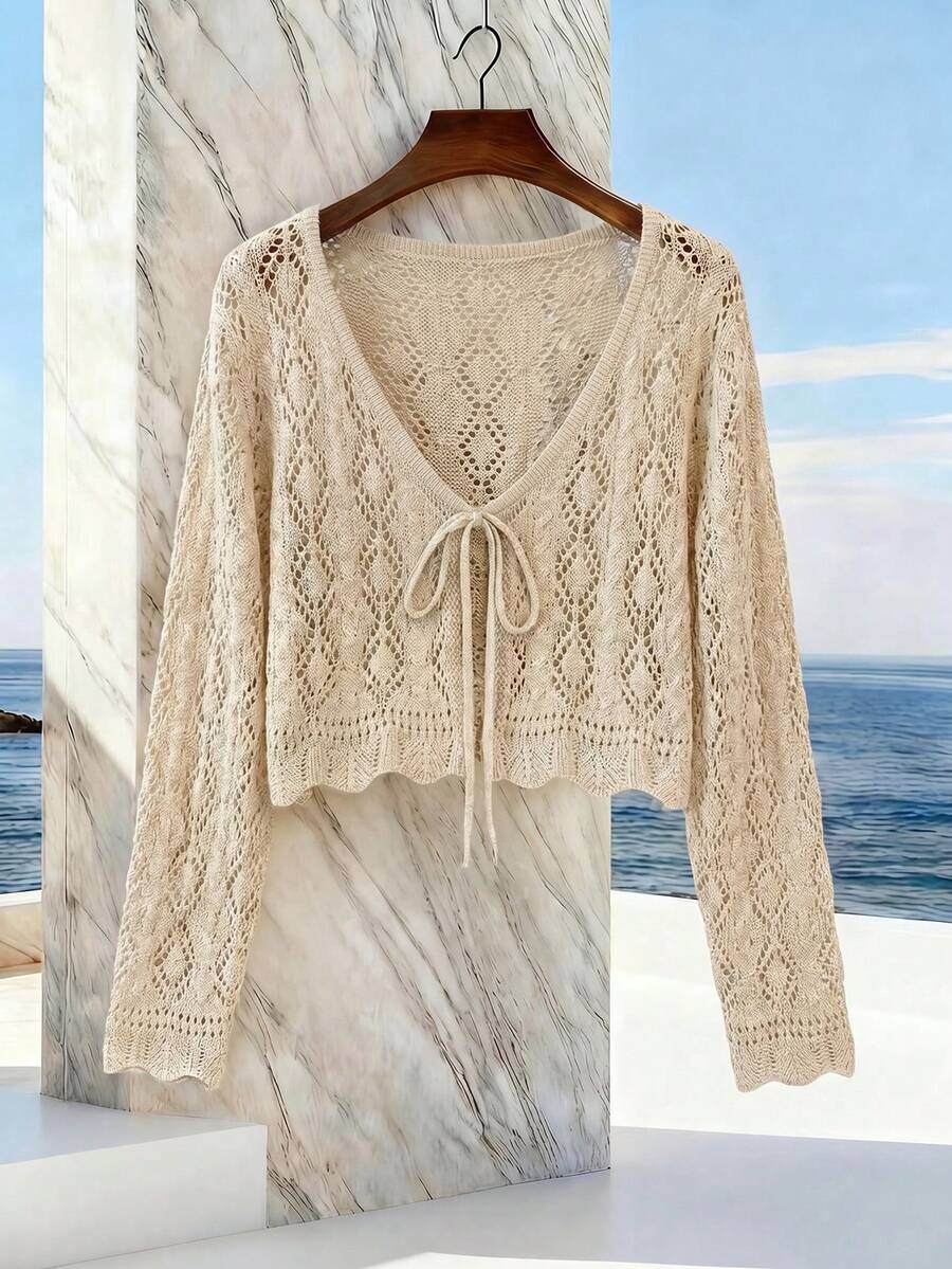 Franclia 新款纯色镂空钩编蕾丝轻薄开衫，女士百搭外套 - 卡其色 - 查看 1