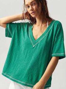 Bohemela Camiseta holgada de manga corta y cuello en V de unicolor casual para vacaciones para mujeres - Verde - Ver 8