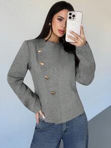 Firerie 女款灰色優雅辦公秋季雙面大衣，斜襟金屬鈕扣收腰長袖都市時尚街頭風工作夾克 - 黑與白 - 查看 5