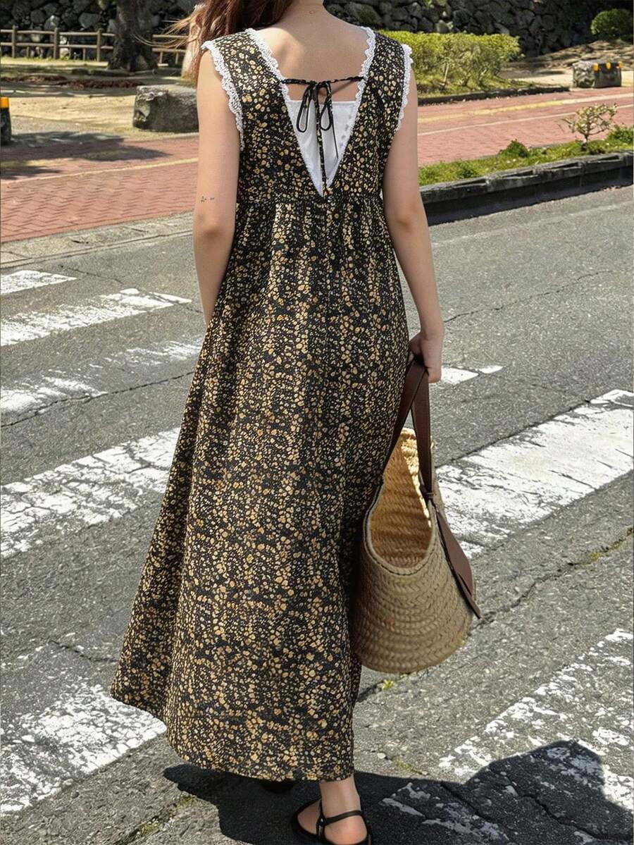 FRIFUL 女士深V领蕾丝边印花休闲简约派对外出连衣裙波西米亚风 - 綠色 - 查看 1