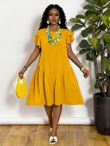 Slaydiva Plus Size Round Neck A-Line Knee-Length Ruffle Sleeve Romantic Hem Green Commuter Spring/Summer Light Vacation Dress - Yellow - View 3