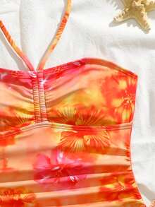 SHEIN 2件装女童热带花卉图案弹力速干舒适针织面料连体泳衣（适合青少年女孩），适合海滩、泳池、海边、冲浪、度假、夏季旅行 - 紅色 - 查看 6