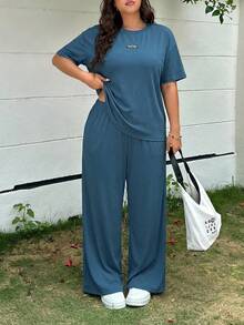 GalTyme 大码浅蓝色圆领短袖上衣和裤子休闲两件套，春夏款 - 霧霾藍 - 查看 3