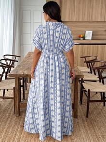 SHEIN LUNE Plus Size Women Casual Everyday/Vacation/Commute Printed Twist Knot Maxi Shirt Dress - Multicolor - View 2