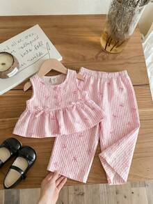 SHEIN LMoss Kids 女婴休闲可爱夏季波点无袖上衣和松紧腰裤套装 - 彩色 - 查看 7
