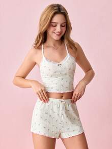 Bonmuse Ditsy Floral Knit Fitted Women's Pajamas Set Floral Pajama Set Two Piece Summer Set Bountiful Floral Splendor  Cozy And Elegant Detailsfor Summer - Beige - View 7