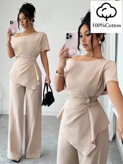 Elenzga Bộ đồ nữ mùa hè thanh lịch gồm áo ngắn tay cổ lệch và quần ống rộng cạp cao bằng chất liệu cotton ánh kim, thích hợp mặc hàng ngày, dự đám cưới, dạ hội, đi làm, lễ tốt nghiệp, các ngày lễ, hẹn hò, lễ Phục sinh, tiệc tùng, Halloween, Giáng sinh, Năm mới, Lễ Tạ ơn.