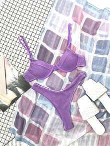 SHEIN Swim 夏季海灘質感加厚鋼圈高腰比基尼套裝 - 紫丁香色 - 查看 2