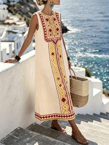 EMERY ROSE Plus-Size Women's Brown Summer Boho Vacation Holiday Dress,Fashionable Casual Minimalist Versatile Checked Round-Neck Sleeveless Maxi Dress Gym - Apricot - View 6
