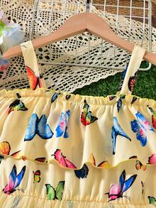 Mono con volantes en el hombro y estampado de mariposas de colores para niñas preadolescentes, estilo vacacional para primavera/verano - Amarillo - Ver 6