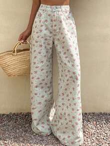 Livesso 女士碎花阔腿宽松休闲牛仔裤 - 白色 - 查看 1