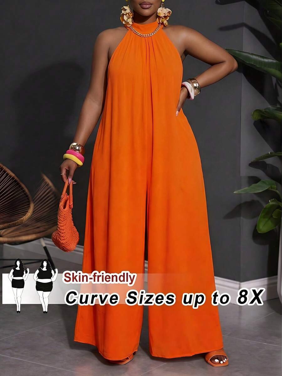 SHEIN CURVE+ Kích cỡ US22 (dành cho người có đường cong cơ thể), thích hợp cho lễ hội âm nhạc, kỳ nghỉ biển, áo liền quần kiểu bohemian cổ yếm màu trơn, phù hợp cho bãi biển và kỳ nghỉ. - trái cam - Xem 1