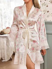 CottageSlumber Women's Ruffled Faux Silk Romantic Ditsy Floral Sleepwear Robe, Summer - White - View 1