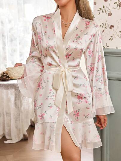 CottageSlumber 女士荷叶边仿丝浪漫碎花睡袍，夏季