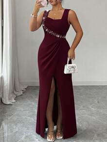 Elenzga Gaun Wanita Ukuran Besar Tanpa Lengan, Leher Persegi, Hiasan Mutiara, Pinggang Pas, Belahan Ruffle, Elegan, Romantis, Halus, Ringan untuk Pesta Koktail, Model Duyung - Burgundy - View 1