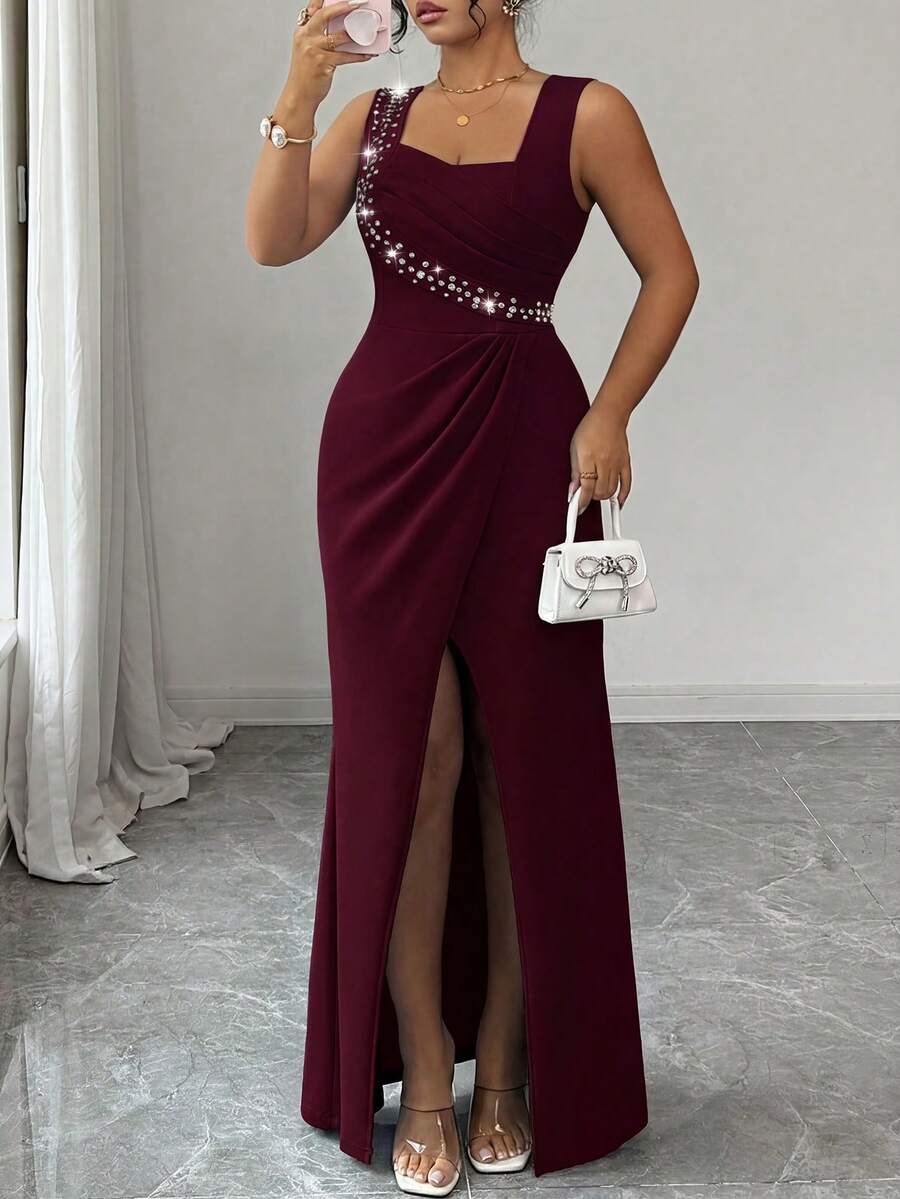 Elenzga Gaun Wanita Ukuran Besar Tanpa Lengan, Leher Persegi, Hiasan Mutiara, Pinggang Pas, Belahan Ruffle, Elegan, Romantis, Halus, Ringan untuk Pesta Koktail, Model Duyung - Burgundy - View 1