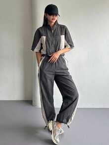DAZY 女士撞色拼接抽绳拉链外套和休闲口袋裤两件套家居服套装 - 黑色 - 查看 4