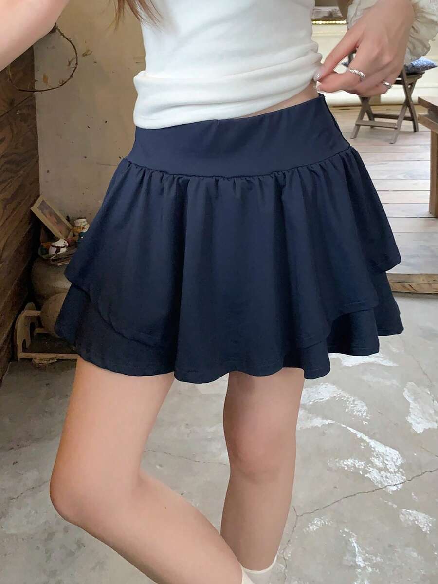 DAZY 女款純色蛋糕裙附安全內褲校園風 - 藏蓝色 - 查看 1