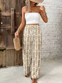 SHEIN Frenchy 女士热带植物印花弹力腰休闲裤 - 彩色 - 查看 1