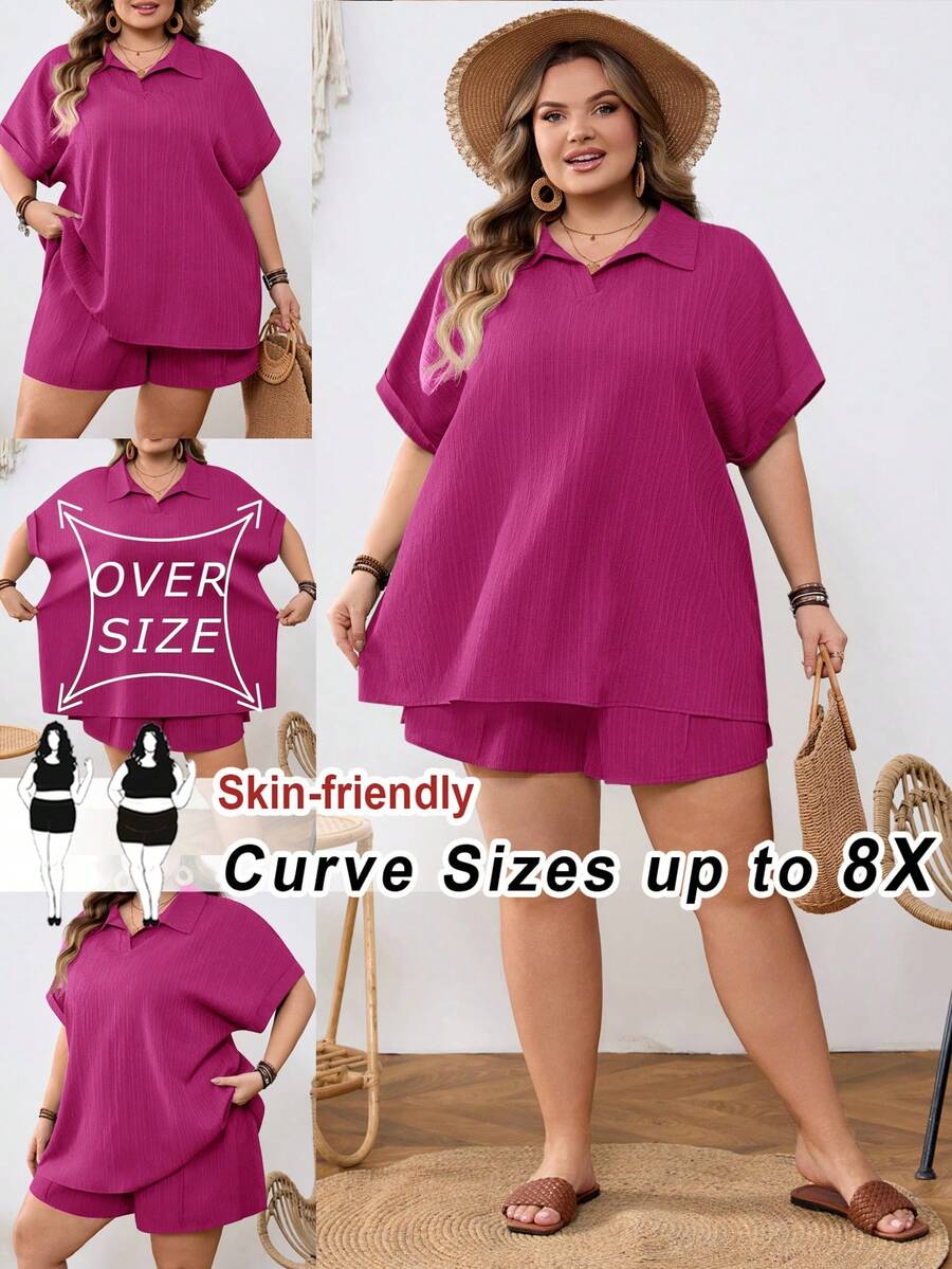 SHEIN CURVE+ Curve 尺码 US22 音乐节、海滨度假、波西米亚休闲纯色衬衫短裤套装 - 玫紅色 - 查看 1
