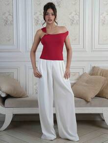 Criza Taa Quần ống rộng màu trắng tối giản và hợp thời trang dành cho nữ, thích hợp để đi làm, quần ống rộng màu trắng, quần ống rộng cạp cao, quần vest trắng, mùa thu đông. - trắng - Xem 3