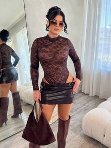 Dayanna Comas Bộ đồ liền thân dài tay cổ đứng ren hoa gợi cảm cho nữ - Cà phê nâu - Xem 6