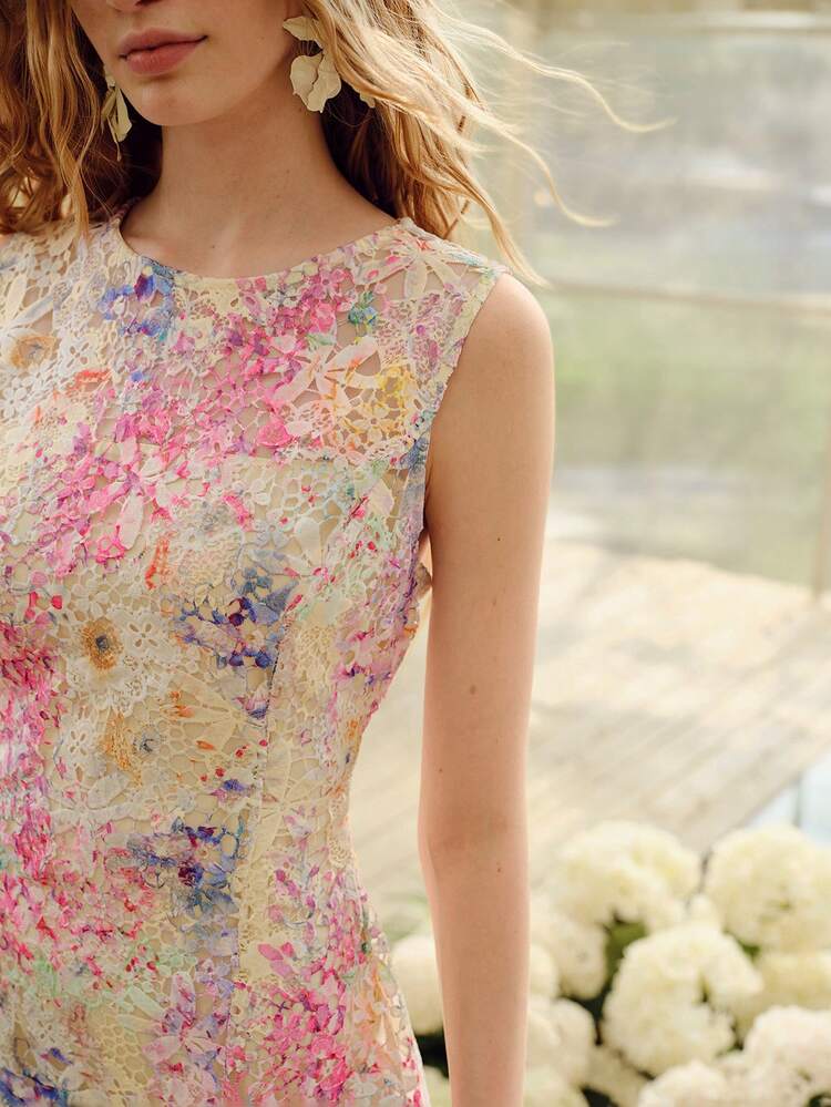LACE FLORAL PRINT ELEGANT HOLLOW-OUT MINI DRESS, SPRING/SUMMER