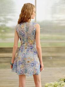 MOTF PREMIUM LACE PRINT ELEGANT HOLLOW-OUT SHORT DRESS, SPRING/SUMMER - Multicolor - View 3