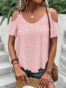 EMERY ROSE Women's Solid Color Minimalist Off-Shoulder T-Shirt, Casual Everyday Wear - Pink - View 4