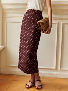 Écloséra Chân váy chữ A thắt eo chấm bi màu nâu thanh lịch dành cho nữ, thích hợp cho công sở, mùa xuân/hè. - màu nâu - Xem 4