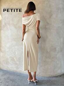 SHEIN Aloruh Petite PETITE 女士夏季新款杏色通勤、休闲、办公褶皱修身中长连衣裙 - 杏色 - 查看 2