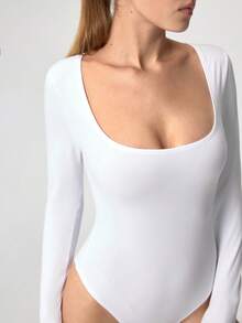 Loungeista Sexy Long Sleeve Square Neck Jumpsuit Dress, Basic Tight-Fitting Piece, Excellent Shaping Effect, Suitable For Workout, Casual Wear And Daily Activitiesfor Summer - White - View 7