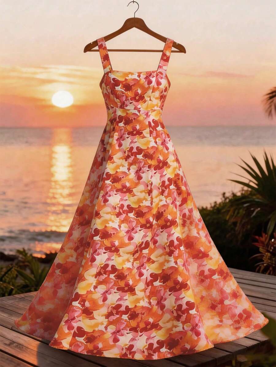 SHEIN Ladiora Women's Summer Casual Vacation Floral Print Backless Tie-Front Dress - Multicolor - View 1