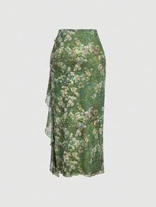 SHEIN MOD Chân váy chữ A nữ in hoa, xếp ly, kiểu dáng thường ngày, đa năng, thích hợp cho hẹn hò và đi chơi. - màu xanh lá - Xem 4