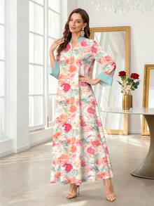 SHEIN Najma 梦幻花卉植物印花女式连衣裙，V领荷叶边长袖开衩连衣裙，春夏休闲长款碎花连衣裙 - 彩色 - 查看 3