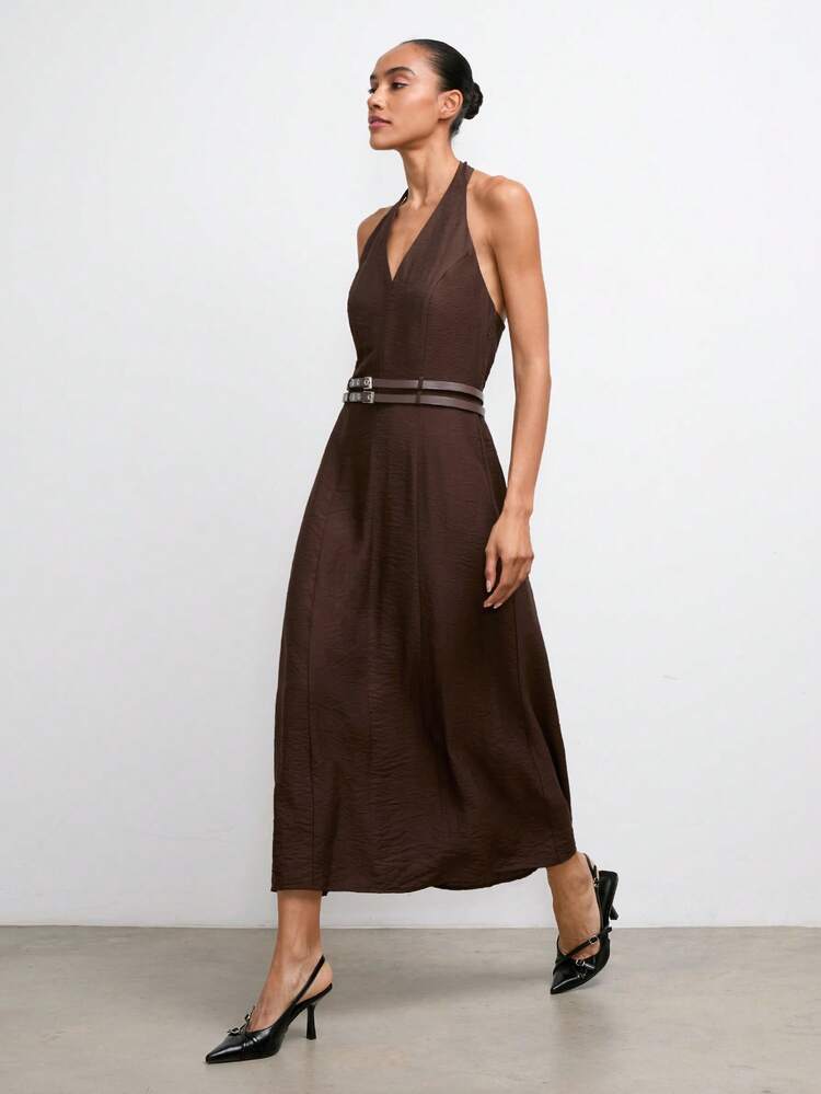 SHEIN Maija Women's Sexy Solid Color Backless Halter Dress With Waist Belt, Ssummer Dress ,Beach Dresses ,Festival Outfits For Women