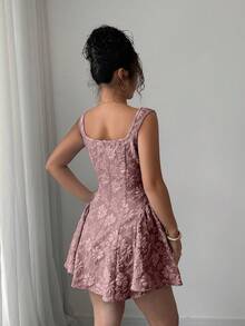 Vestido mini azul de mujer con cuello ancho, sin mangas, cintura recogida y textura de jacquard, elegante y romántico para graduación, baile de graduación, fiesta, festival de músi - Rosa vieja - Ver 4