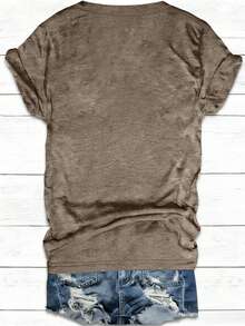 EMERY ROSE Women's Y2K Casual Fashionable Street Star Print V-Neck Short Sleeve T-Shirt, Summer - Khaki - View 2