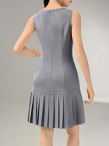 Heiryn Women's Solid Color Round Neck Button Design Pleated Hem Sleeveless Mini Dress,Summer Dresses For Women - Blue - View 2