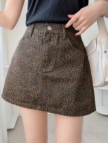 FRIFUL Minifalda vaquera de estampado de leopardo casual para mujer, verano - Azul - Ver 6