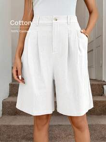 Easowa Quần short Bermuda dáng suông mùa thu, chất liệu cotton, quần short dài màu kaki thoải mái dành cho nữ, có túi và khóa kéo, phù hợp với phong cách cổ điển, công sở, đi làm và dạo phố hàng ngày. - trắng - Xem 5