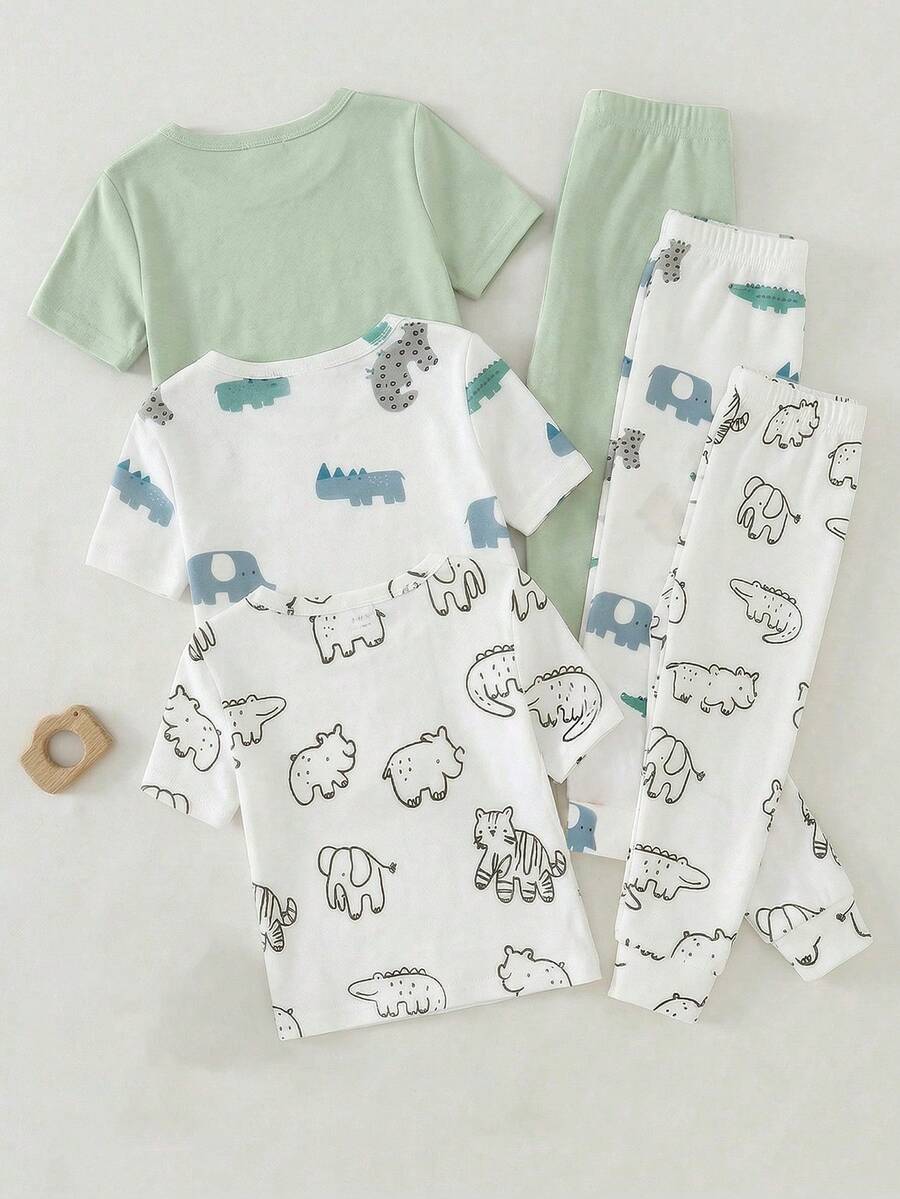 SHEIN Vintaside Kids 6件/3套幼儿男童可爱卡通恐龙动物印花配套针织短袖上衣和裤子两件套休闲家居服套装 - 彩色 - 查看 1