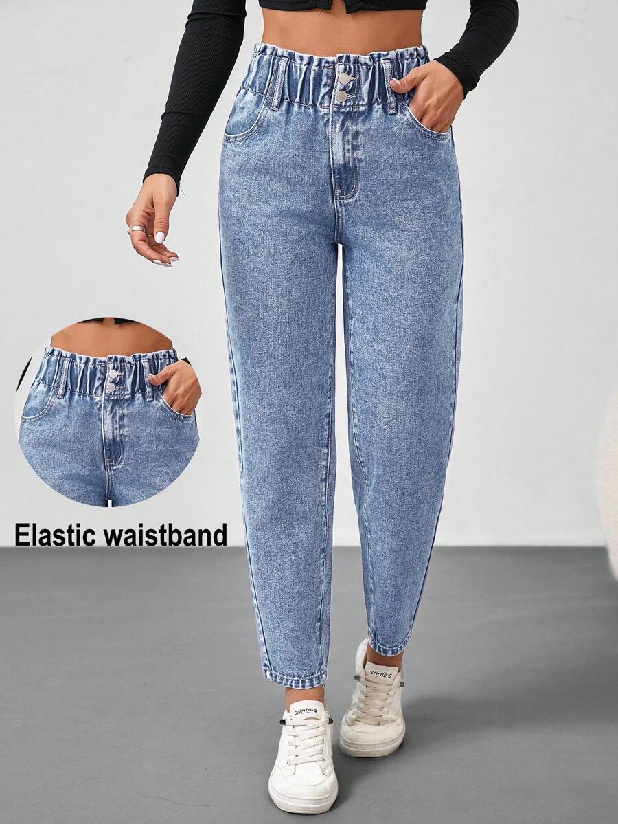 SHEIN Tall Women's Button Waist Design Pocket Tapered Jeans, Tall Back-To-School Light Blue Summer Casual